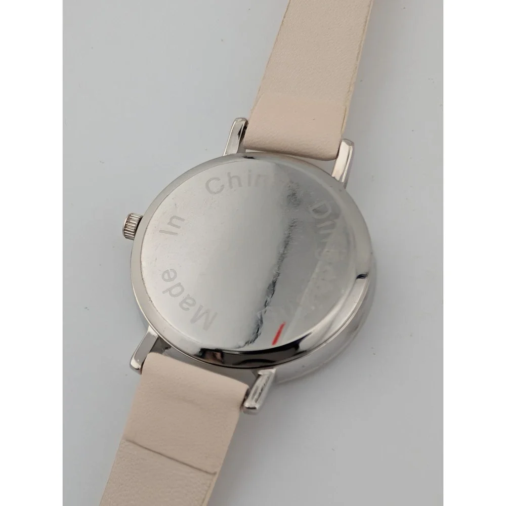 Women's Minimalist Quartz Watch 34mm Case White Faux Leather Band-‎ New Battery